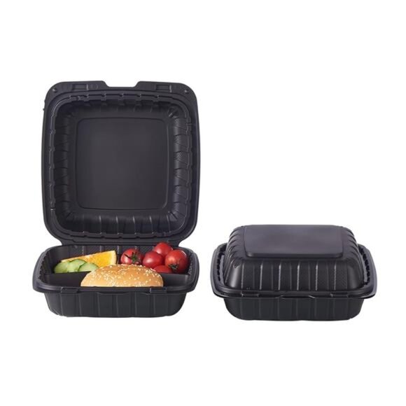 8X8" 3-Compartment 50-Pack Plastic Clamshell Takeout Food Trays Heavy Duty - Picture 3 of 7